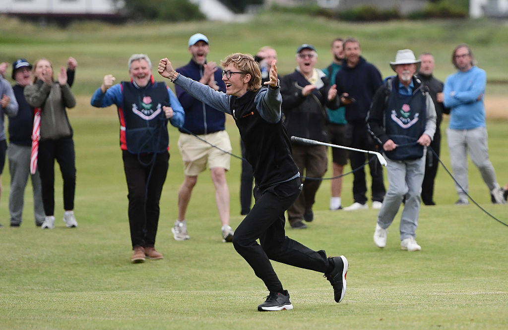 Richard Teder celebrates after holing out for eagle at Final Qualifying to book his place at The Open